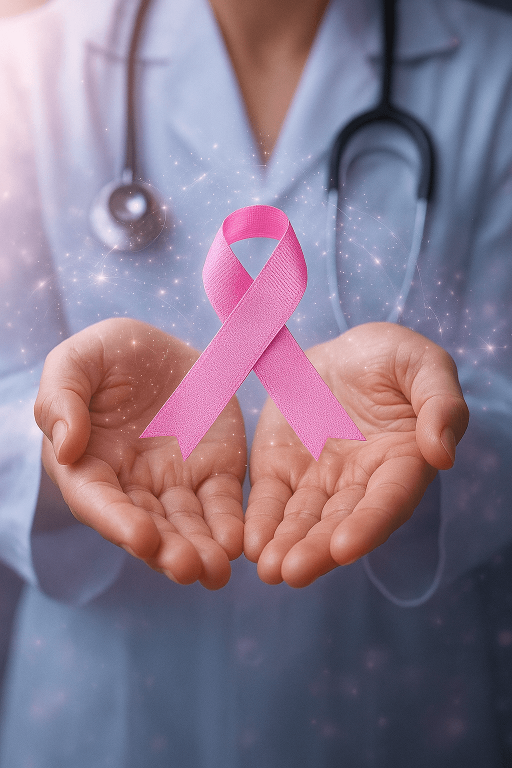 Healthcare professional holding pink ribbon symbolizing breast cancer awareness